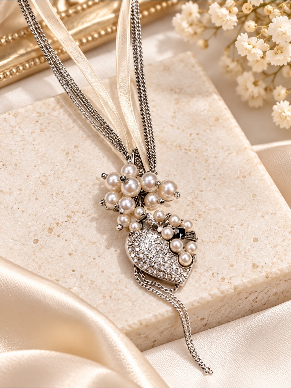 Silver Rhinestone Heart Pearl Ribbon Multi Strand Necklace